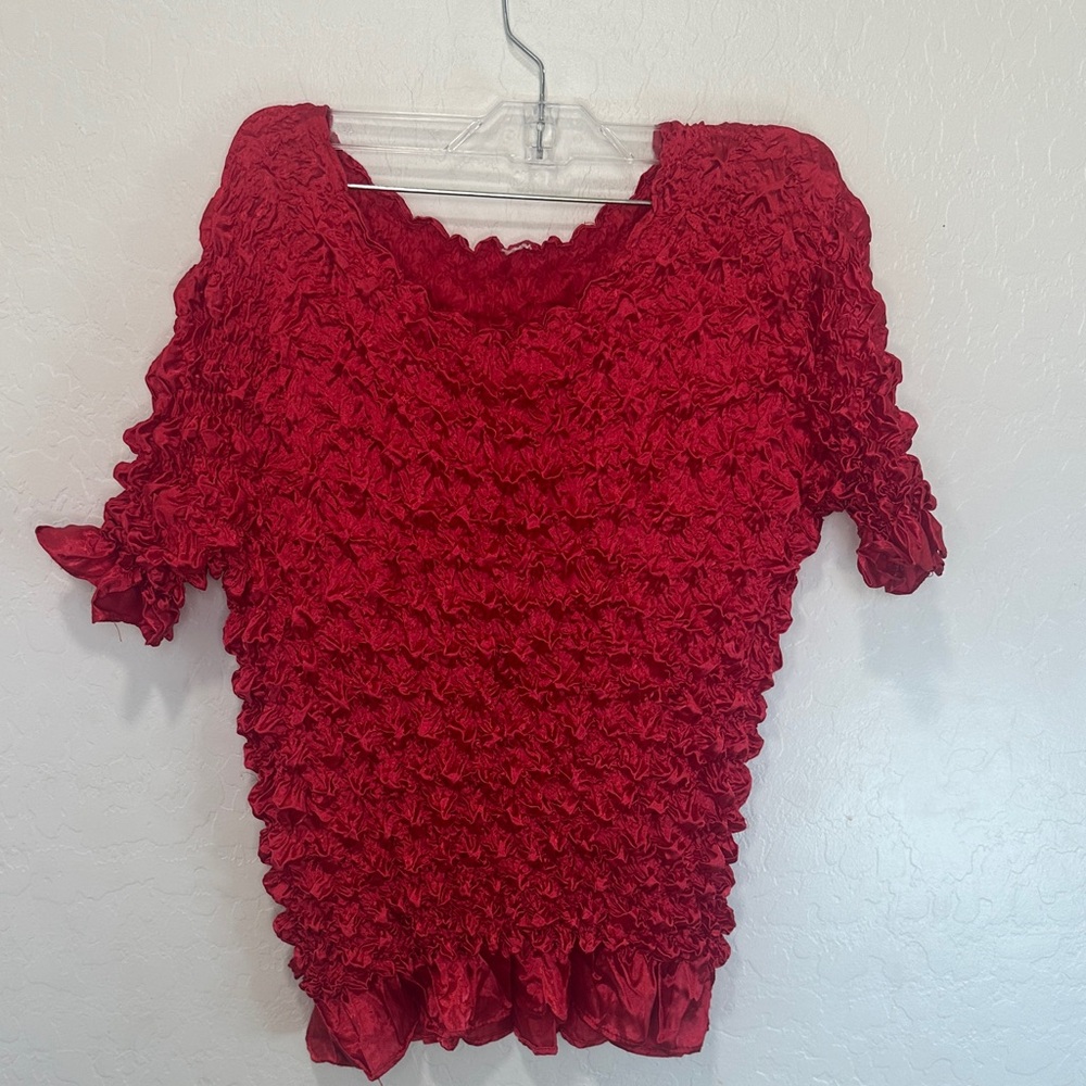Hot pink bright neon Textured Ruffle Top‎ crinkled one size stretch y2k VTG bold